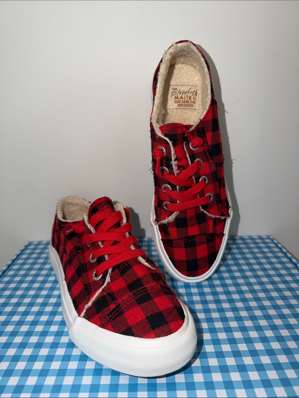 Blowfish Red and Black Buffalo Plaid Low-Top Sneakers